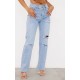 PRETTYLITTLETHING Light Blue Wash Ripped Long Leg Straight Jeans PRETTYLITTLETHING Light Blue Wash Ripped Long Leg Straight Jeans