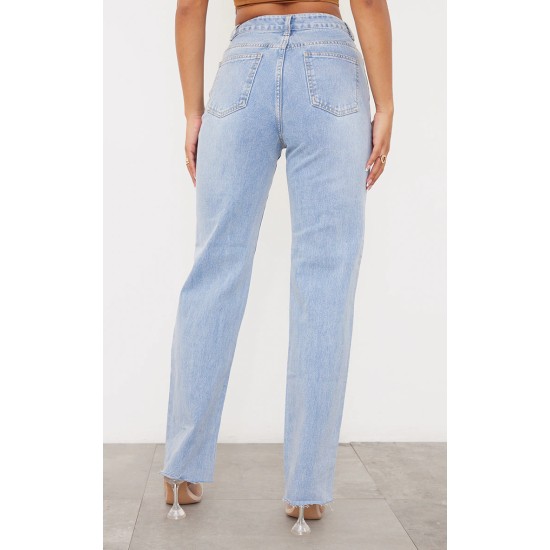 PRETTYLITTLETHING Light Blue Wash Ripped Long Leg Straight Jeans PRETTYLITTLETHING Light Blue Wash Ripped Long Leg Straight Jeans