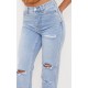 PRETTYLITTLETHING Light Blue Wash Ripped Long Leg Straight Jeans PRETTYLITTLETHING Light Blue Wash Ripped Long Leg Straight Jeans