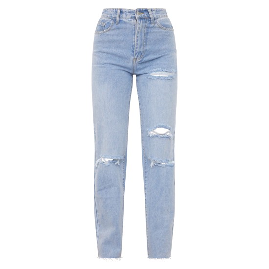 PRETTYLITTLETHING Light Blue Wash Ripped Long Leg Straight Jeans PRETTYLITTLETHING Light Blue Wash Ripped Long Leg Straight Jeans