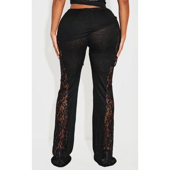 Shape Black Fold Over Ribbed Pants With Side Panel Detail Shape Black Fold Over Ribbed Pants With Side Panel Detail