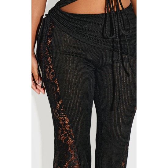 Shape Black Fold Over Ribbed Pants With Side Panel Detail Shape Black Fold Over Ribbed Pants With Side Panel Detail