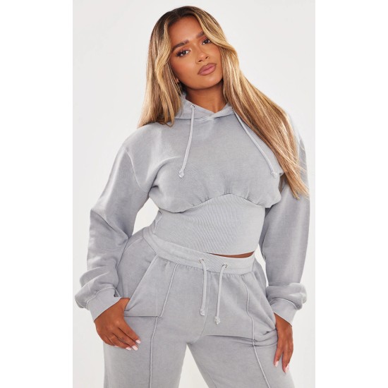 Shape Light Grey Sweat Cropped Shirred Waist Hoodie Shape Light Grey Sweat Cropped Shirred Waist Hoodie