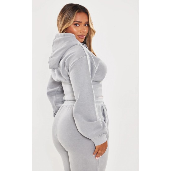Shape Light Grey Sweat Cropped Shirred Waist Hoodie Shape Light Grey Sweat Cropped Shirred Waist Hoodie