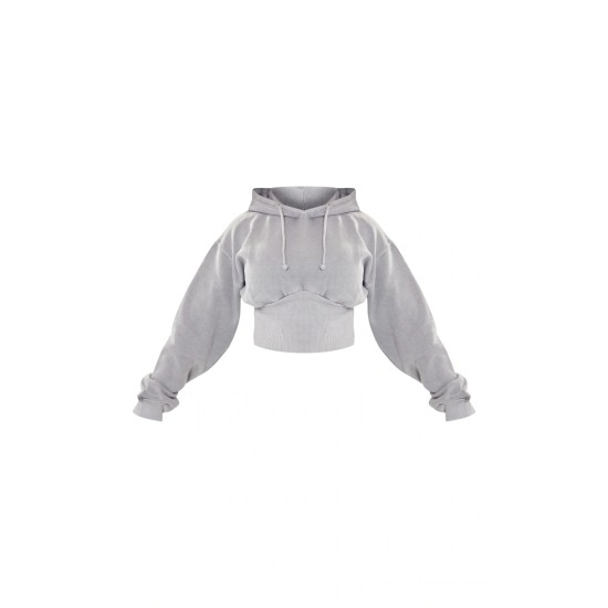 Shape Light Grey Sweat Cropped Shirred Waist Hoodie Shape Light Grey Sweat Cropped Shirred Waist Hoodie
