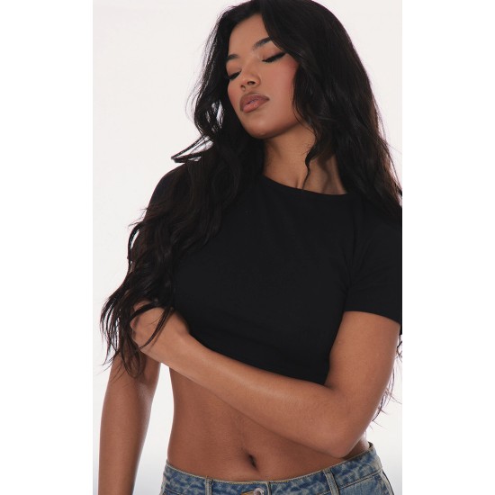 Basic Black Cotton Blend Short Sleeve Crop Top Basic Black Cotton Blend Short Sleeve Crop Top