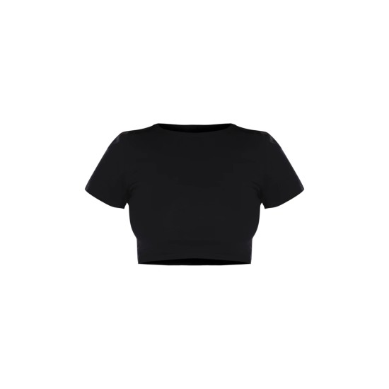 Basic Black Cotton Blend Short Sleeve Crop Top Basic Black Cotton Blend Short Sleeve Crop Top