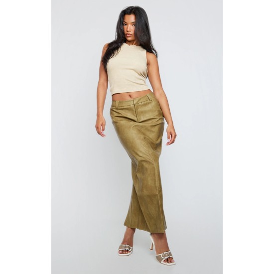 Premium Olive Washed Faux Leather Maxi Skirt Premium Olive Washed Faux Leather Maxi Skirt