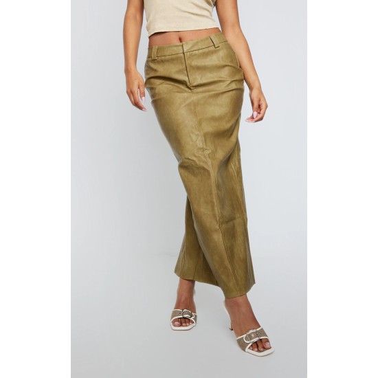 Premium Olive Washed Faux Leather Maxi Skirt Premium Olive Washed Faux Leather Maxi Skirt