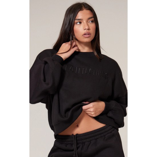 PRETTYLITTLETHING Black Boxy Embroidered Sweatshirt PRETTYLITTLETHING Black Boxy Embroidered Sweatshirt