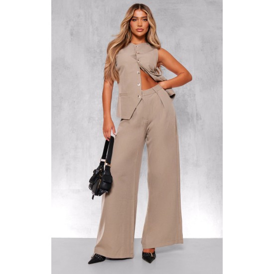 Taupe Woven Tailored Wide Leg Pleated Pants Taupe Woven Tailored Wide Leg Pleated Pants