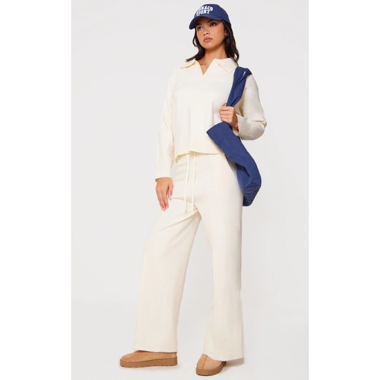 Cream Knitted Polo Neck Sweater And Wide Leg Pants Set Cream Knitted Polo Neck Sweater And Wide Leg Pants Set