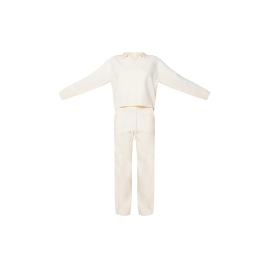 Cream Knitted Polo Neck Sweater And Wide Leg Pants Set Cream Knitted Polo Neck Sweater And Wide Leg Pants Set