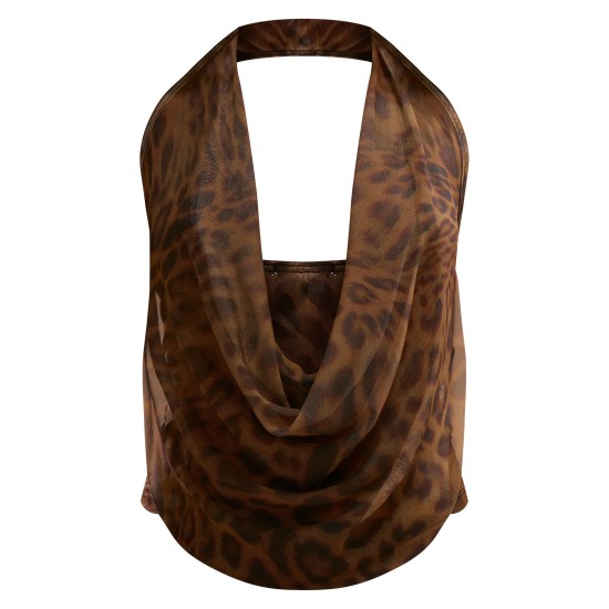 Brown Mesh Printed Halter Neck Top Brown Mesh Printed Halter Neck Top