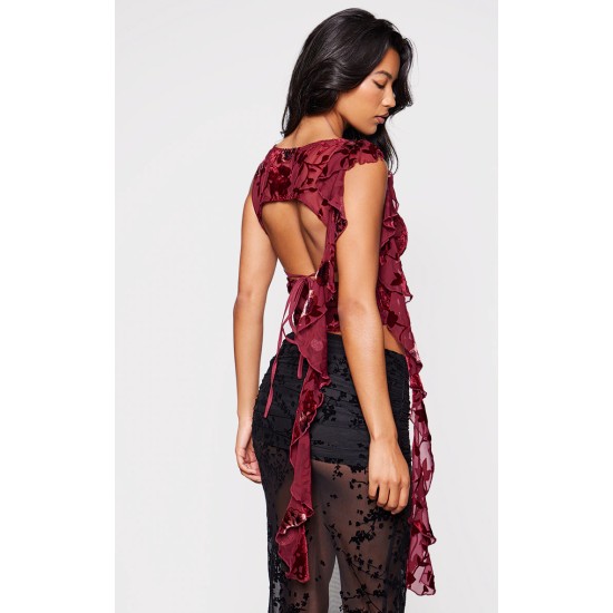 Red Devore Boatneck Ruffle Detail Backless Long Top Red Devore Boatneck Ruffle Detail Backless Long Top