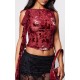 Red Devore Boatneck Ruffle Detail Backless Long Top Red Devore Boatneck Ruffle Detail Backless Long Top