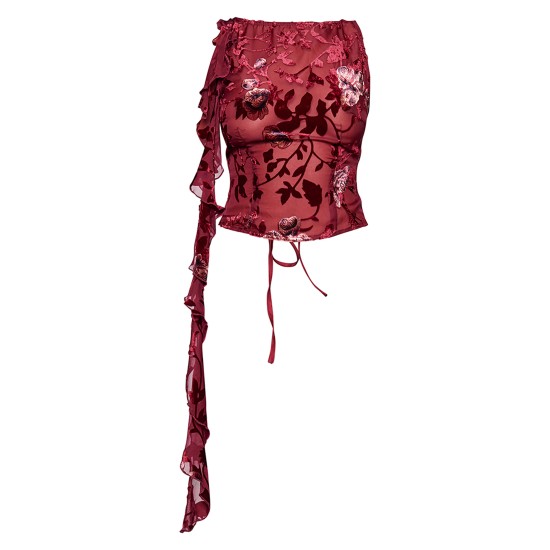 Red Devore Boatneck Ruffle Detail Backless Long Top Red Devore Boatneck Ruffle Detail Backless Long Top