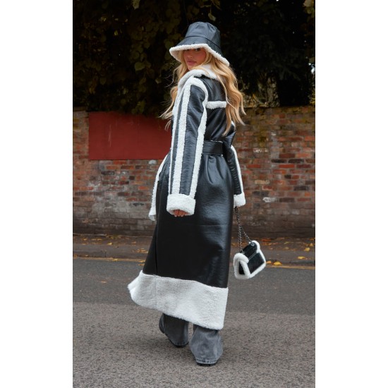 Black Faux Leather Oversized Lapel Borg Lined Belted Coat Black Faux Leather Oversized Lapel Borg Lined Belted Coat
