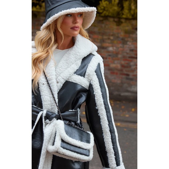 Black Faux Leather Oversized Lapel Borg Lined Belted Coat Black Faux Leather Oversized Lapel Borg Lined Belted Coat