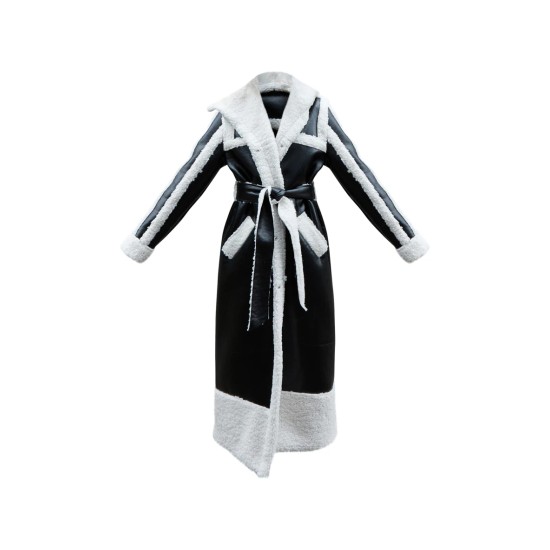 Black Faux Leather Oversized Lapel Borg Lined Belted Coat Black Faux Leather Oversized Lapel Borg Lined Belted Coat