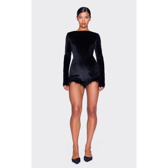 Black Velvet Long Sleeve Feather Trim Romper Black Velvet Long Sleeve Feather Trim Romper