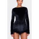 Black Velvet Long Sleeve Feather Trim Romper Black Velvet Long Sleeve Feather Trim Romper