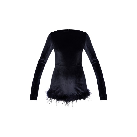Black Velvet Long Sleeve Feather Trim Romper Black Velvet Long Sleeve Feather Trim Romper