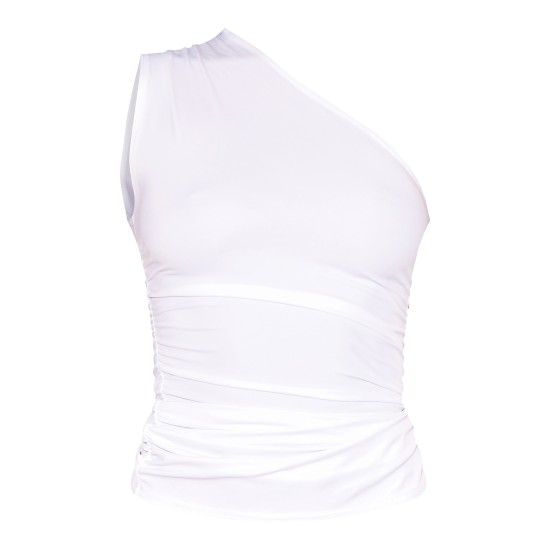 White Stretch Slinky Ruched Side Long Top White Stretch Slinky Ruched Side Long Top