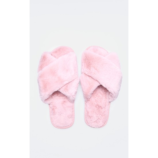 Pink Faux Fur Cross Over Slippers Pink Faux Fur Cross Over Slippers