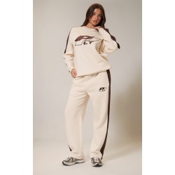 PRETTYLITTLETHING Cream Embroidered Contrast Panel Straight Leg Sweatpants