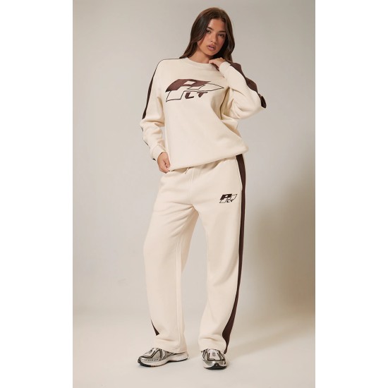 PRETTYLITTLETHING Cream Embroidered Contrast Panel Straight Leg Sweatpants PRETTYLITTLETHING Cream Embroidered Contrast Panel Straight Leg Sweatpants