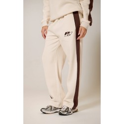 PRETTYLITTLETHING Cream Embroidered Contrast Panel Straight Leg Sweatpants