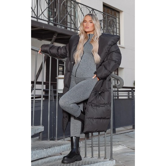 Black Chevron Quilted Maxi Puffer Coat Black Chevron Quilted Maxi Puffer Coat