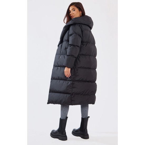 Black Chevron Quilted Maxi Puffer Coat Black Chevron Quilted Maxi Puffer Coat