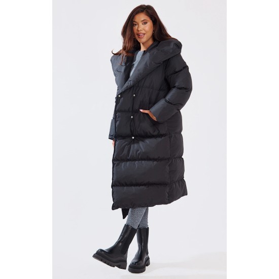 Black Chevron Quilted Maxi Puffer Coat Black Chevron Quilted Maxi Puffer Coat