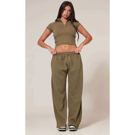Olive Washed Rib Panel Wide Leg Sweatpants Olive Washed Rib Panel Wide Leg Sweatpants