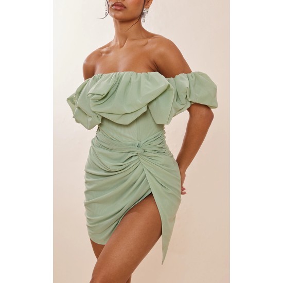 Sage Green Mesh Puff Detail Corset Bodycon Dress Sage Green Mesh Puff Detail Corset Bodycon Dress