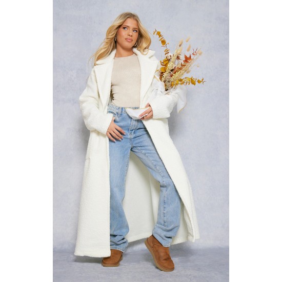 White Boucle Oversized Tie Waist Maxi Coat White Boucle Oversized Tie Waist Maxi Coat