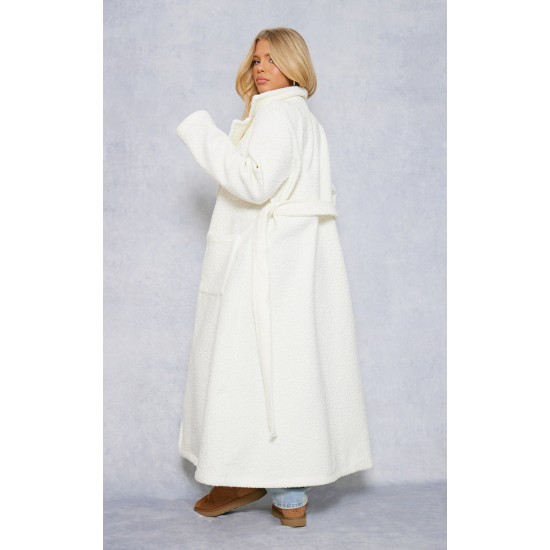 White Boucle Oversized Tie Waist Maxi Coat White Boucle Oversized Tie Waist Maxi Coat