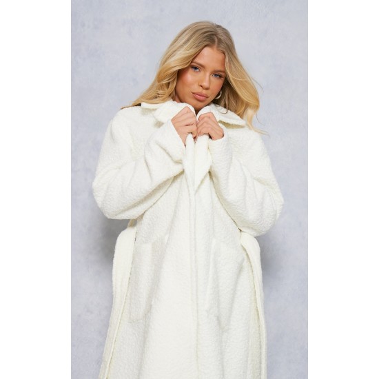 White Boucle Oversized Tie Waist Maxi Coat White Boucle Oversized Tie Waist Maxi Coat