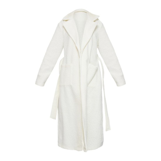 White Boucle Oversized Tie Waist Maxi Coat White Boucle Oversized Tie Waist Maxi Coat