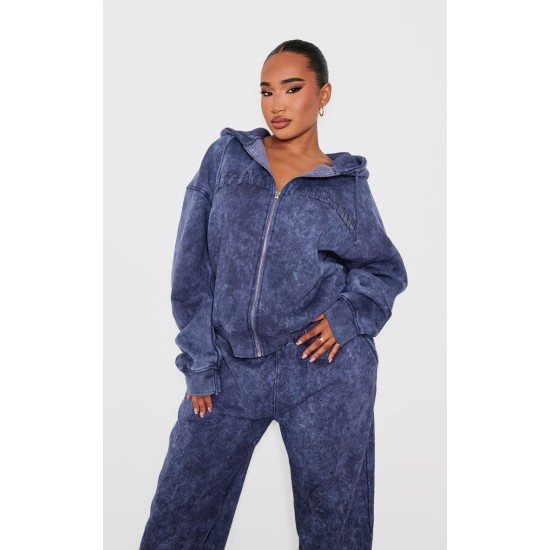 Shape Navy Embroidery Washed Zip Through Hoodie Shape Navy Embroidery Washed Zip Through Hoodie