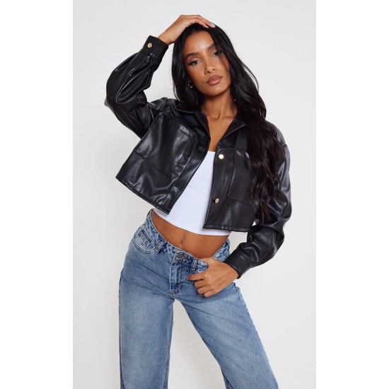Black Faux Leather Pocket Detail Oversized Cropped Jacket Black Faux Leather Pocket Detail Oversized Cropped Jacket