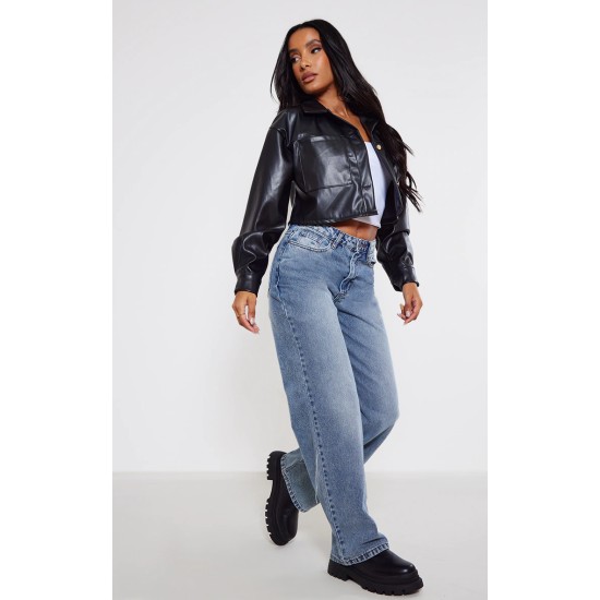 Black Faux Leather Pocket Detail Oversized Cropped Jacket Black Faux Leather Pocket Detail Oversized Cropped Jacket