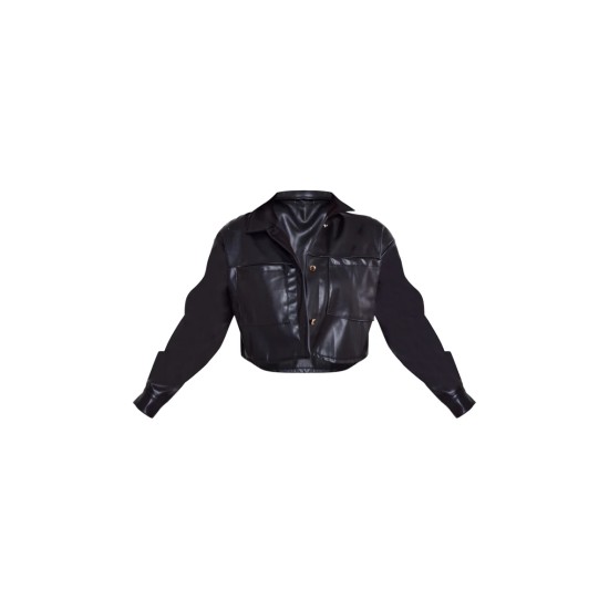 Black Faux Leather Pocket Detail Oversized Cropped Jacket Black Faux Leather Pocket Detail Oversized Cropped Jacket