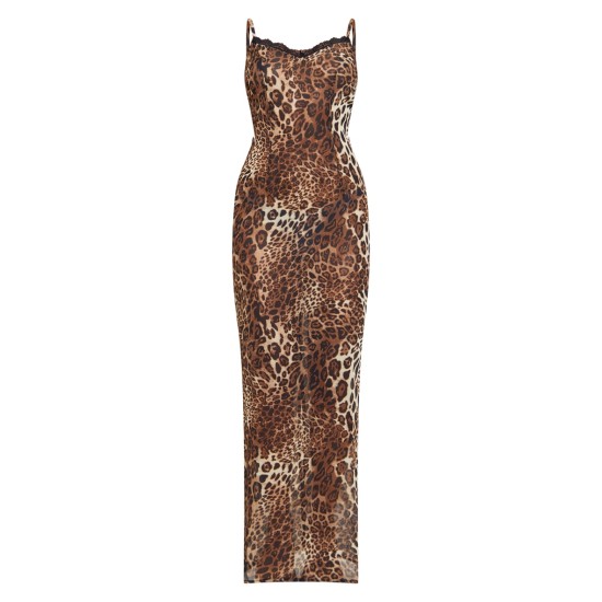 Brown Leopard Print Chiffon Lace Trim Strappy Maxi Dress Brown Leopard Print Chiffon Lace Trim Strappy Maxi Dress