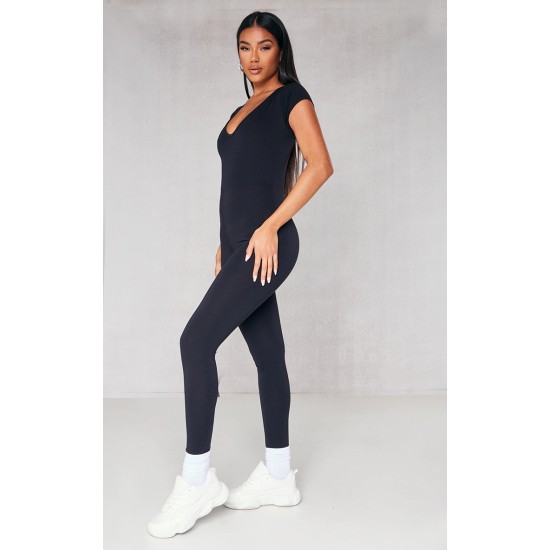 Black V Neck Short Sleeve Jersey Jumpsuit Black V Neck Short Sleeve Jersey Jumpsuit