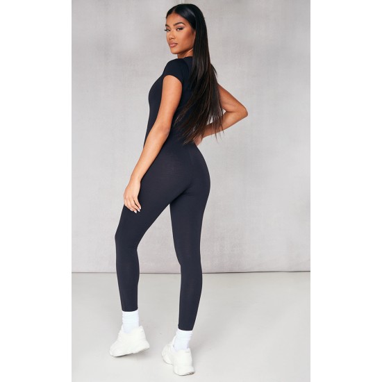 Black V Neck Short Sleeve Jersey Jumpsuit Black V Neck Short Sleeve Jersey Jumpsuit