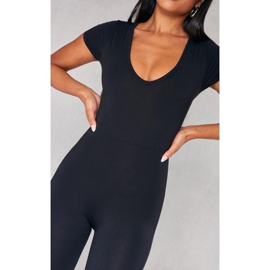 Black V Neck Short Sleeve Jersey Jumpsuit Black V Neck Short Sleeve Jersey Jumpsuit