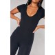 Black V Neck Short Sleeve Jersey Jumpsuit Black V Neck Short Sleeve Jersey Jumpsuit